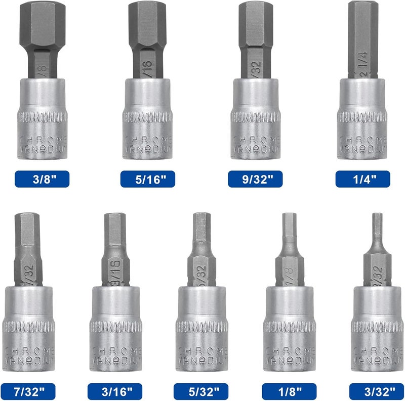 DAZCOS Hex Bit Socket Set, 9 Piece, 1/4 Inch Drive, Sizes 3/32"-3/8" - Image 2